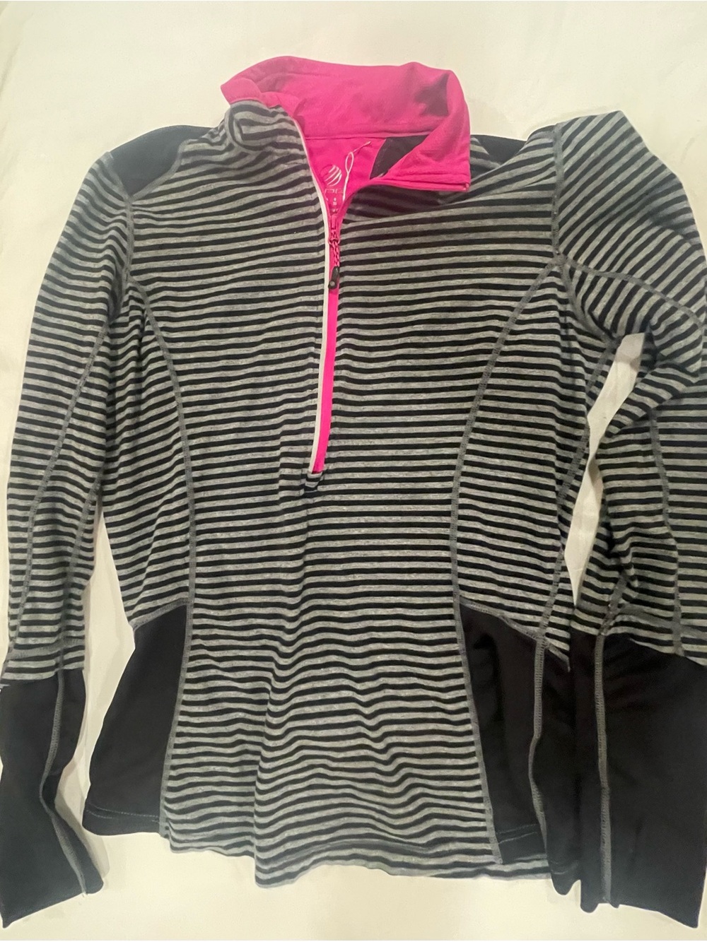 Women Black & Gray Striped Quarter-Zip Top with Pink Trim
